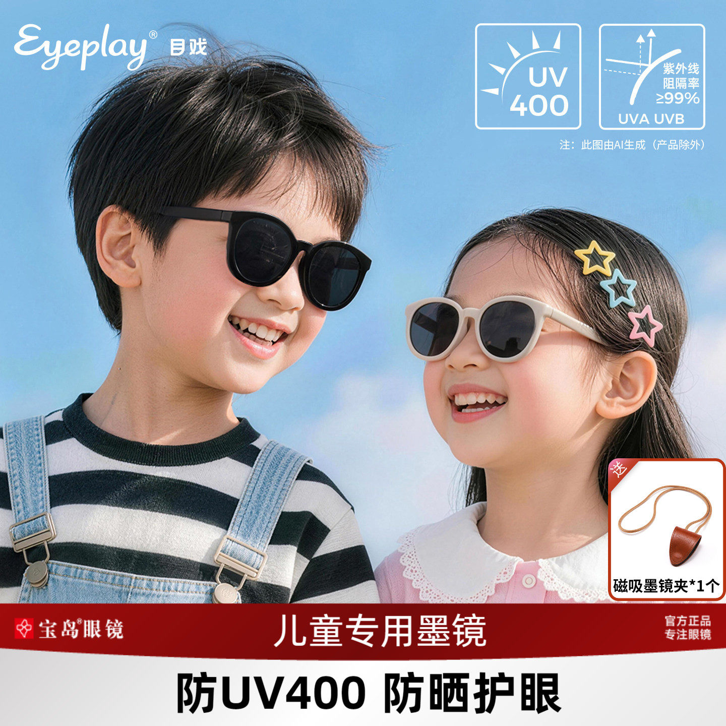 目戏儿童墨镜女童不伤眼小孩专用防晒太阳眼镜男童防紫外线UV400
