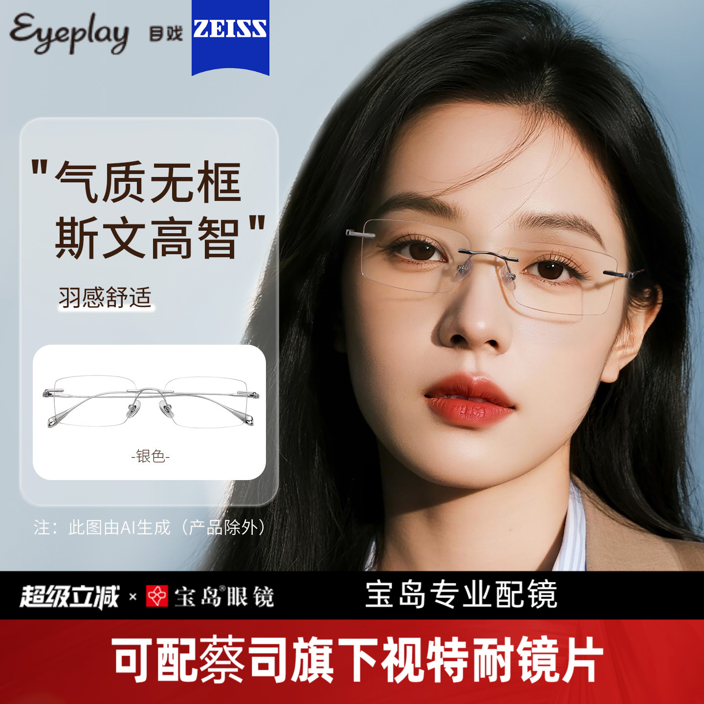 目戏超轻无框近视眼镜女可配度数