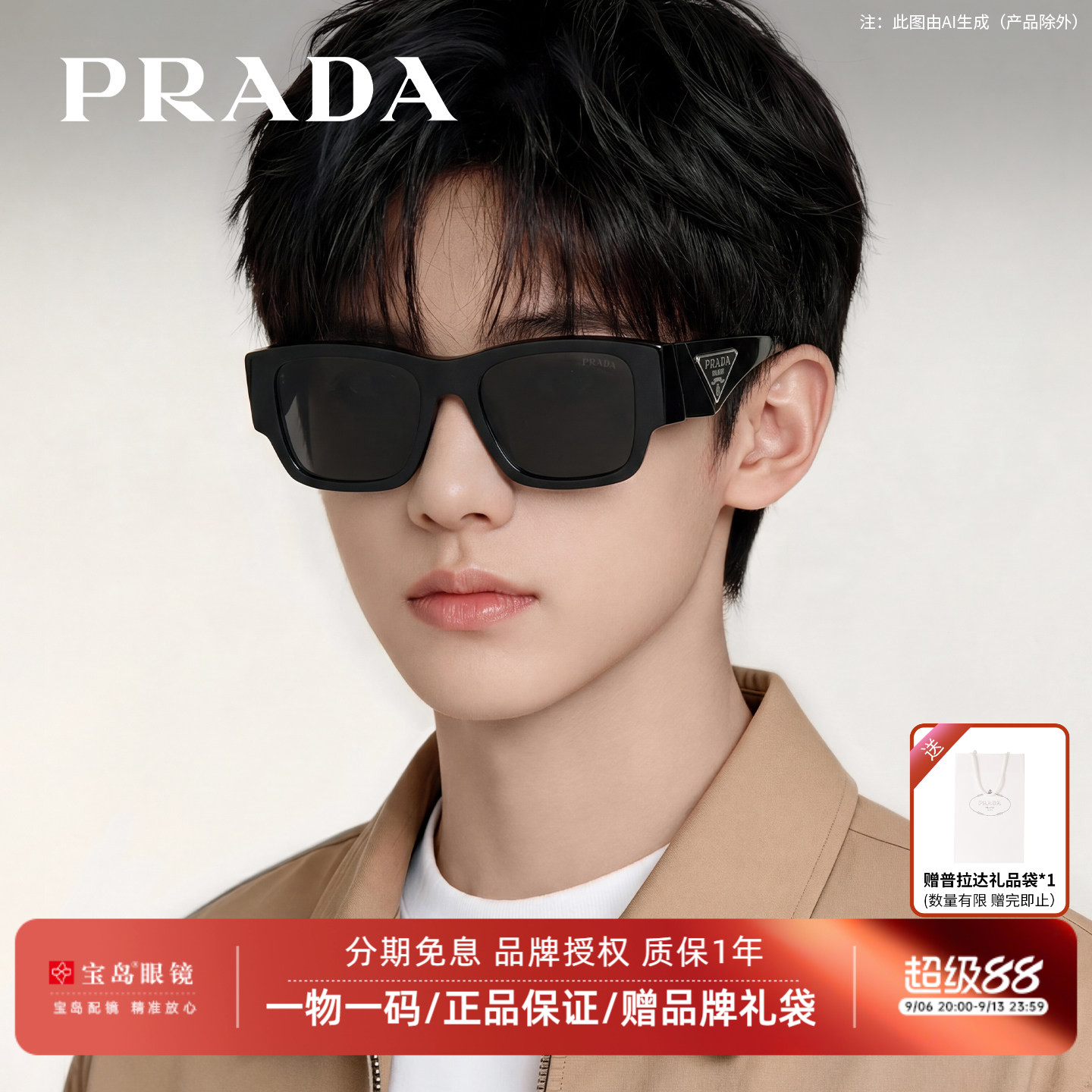 普拉达prada太阳镜男士大方框三角标可配近视度数墨镜眼镜10ZSF