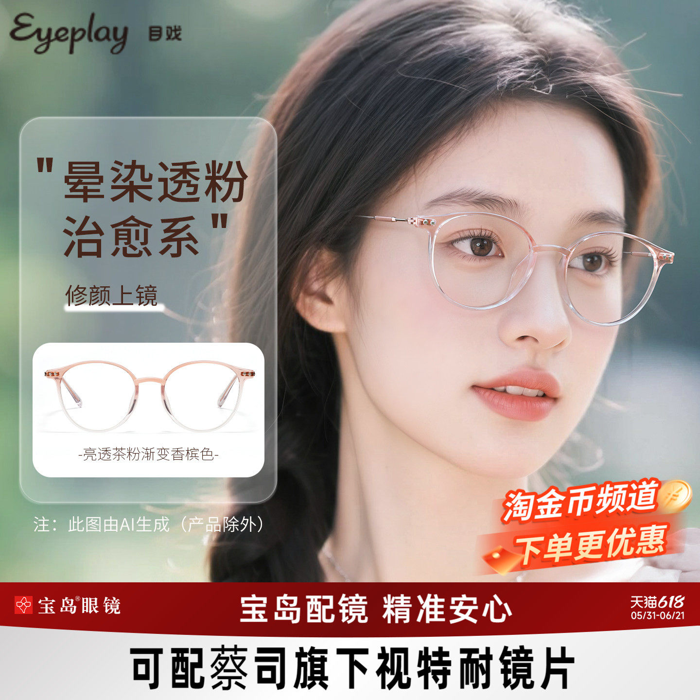 目戏少女粉眼镜近视女可选防蓝光可配度数镜片眼镜框镜架5007C4