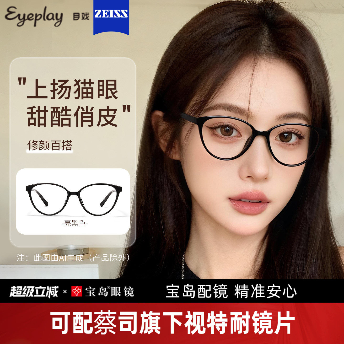 目戏猫眼黑框近视眼镜女可配度数镜片眼镜框镜架可选防蓝光31005