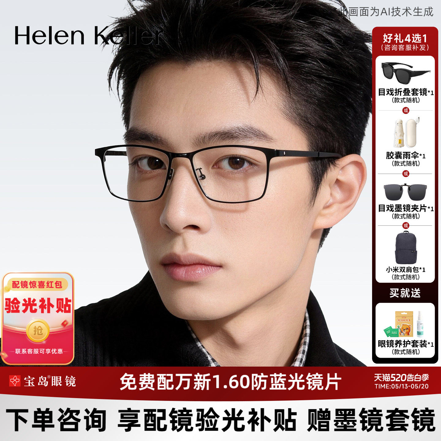 海伦凯勒眼镜框男可配镜片黑框近视眼睛架商务方框眼镜H23035