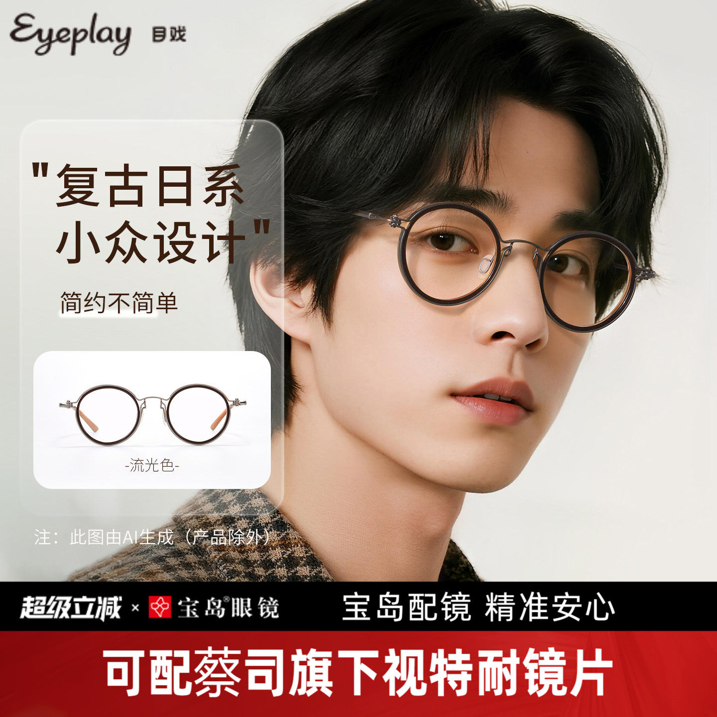 流光系列  复古圆框钛合金材质眼镜架男士设计师小众可配度数800