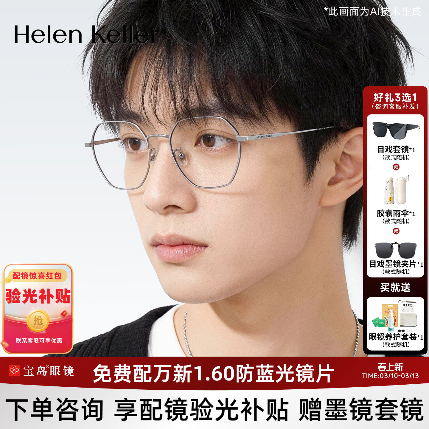 海伦凯勒近视眼镜框男新品时尚百搭多边修颜可配度数镜架女H82066