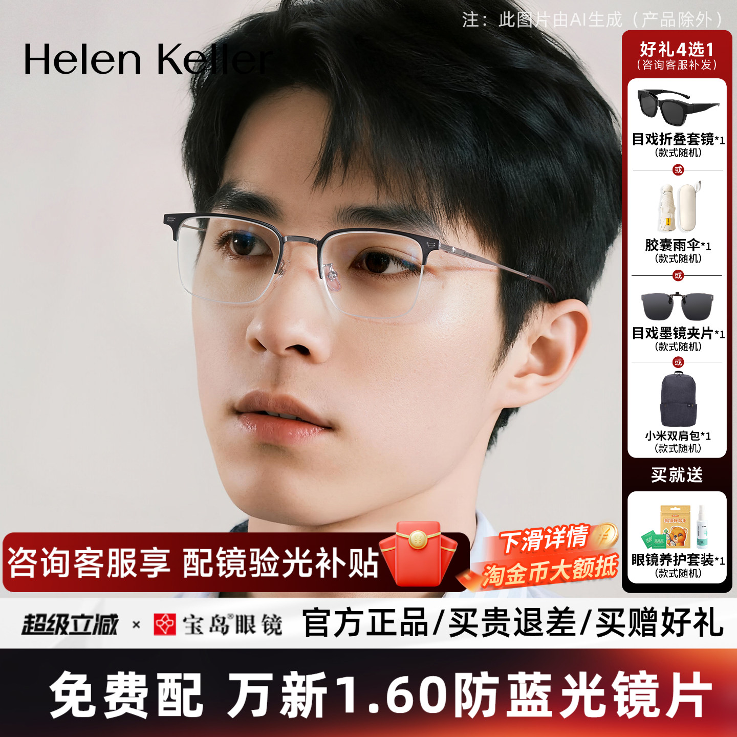 海伦凯勒近视眼镜框男休闲商务深邃内敛半框可配度数镜架H82071