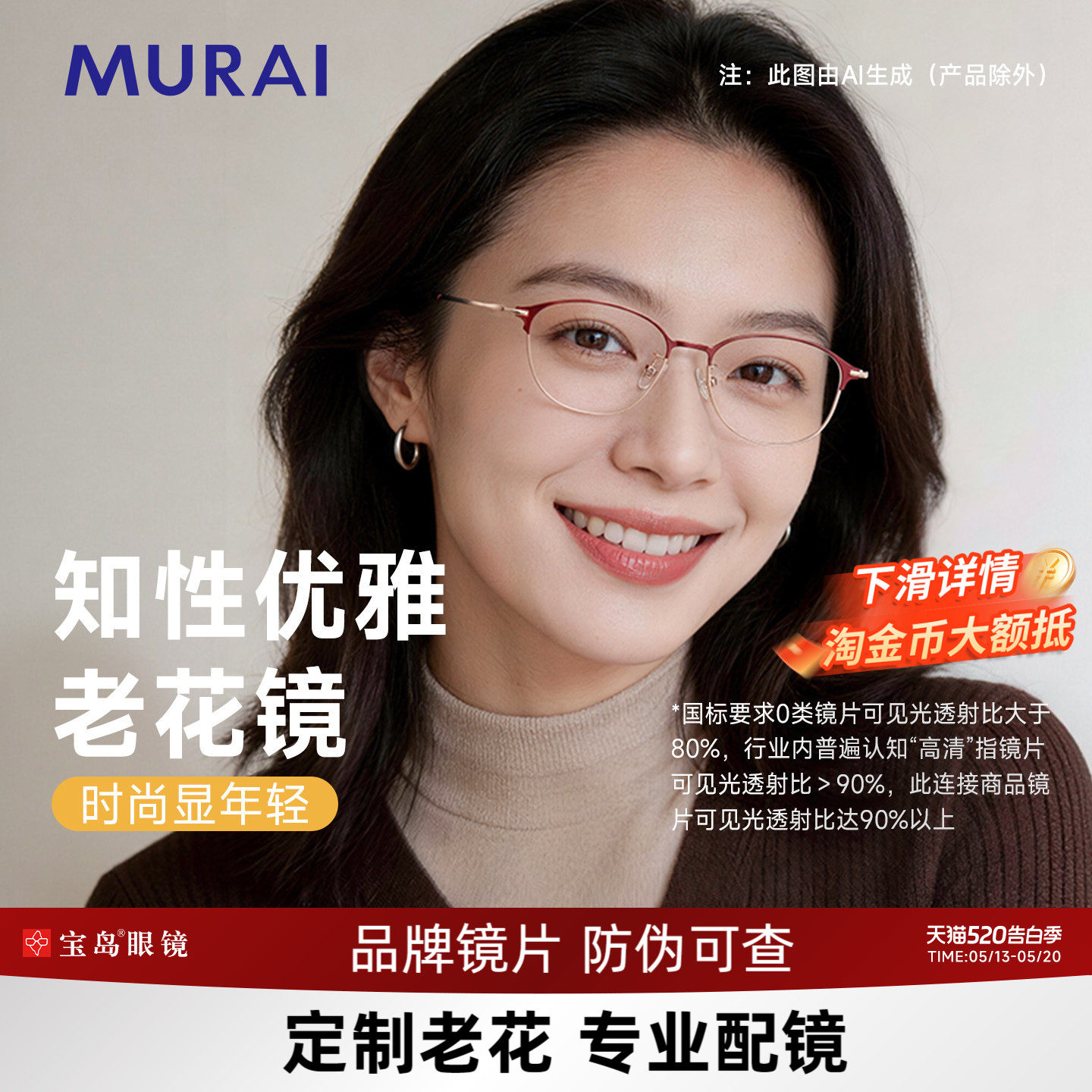 MURAI可定制蔡司镜片老花镜女款品牌老花眼镜女钛合金镜腿老视镜