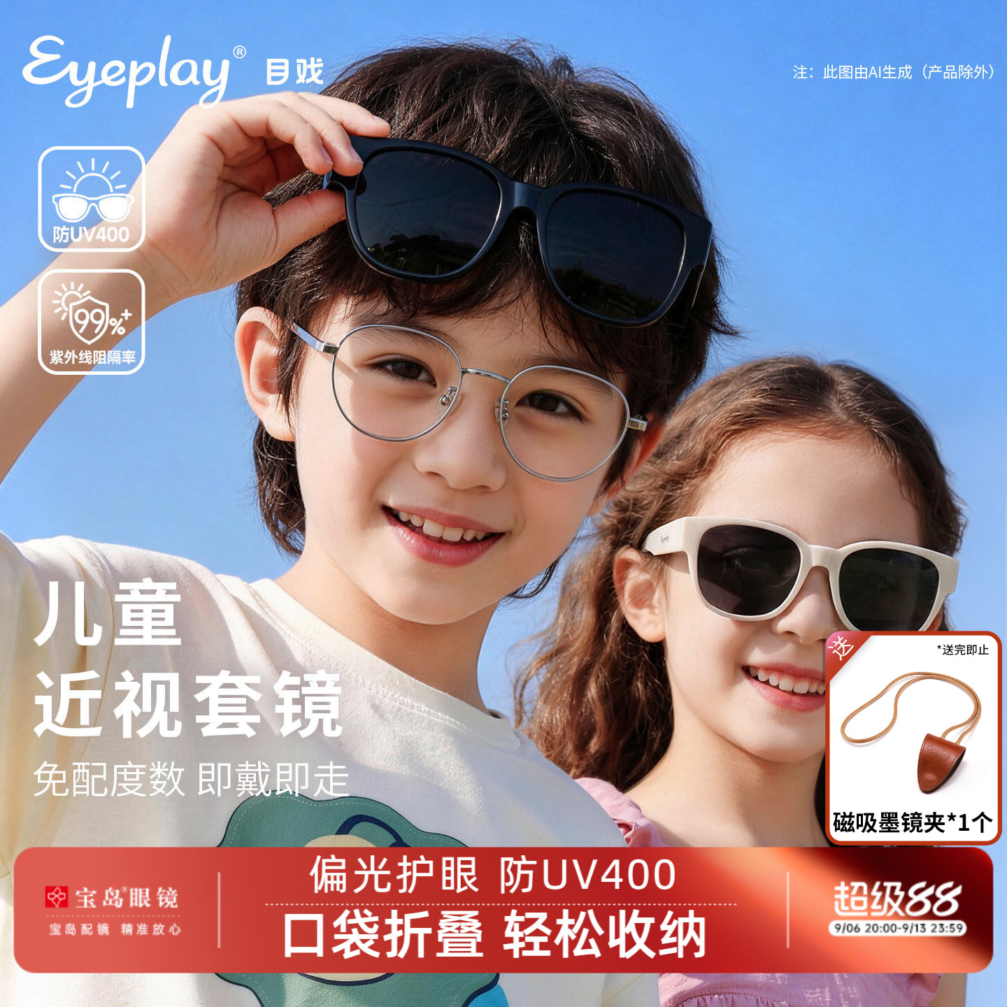 目戏儿童墨镜折叠套镜防晒偏光图片