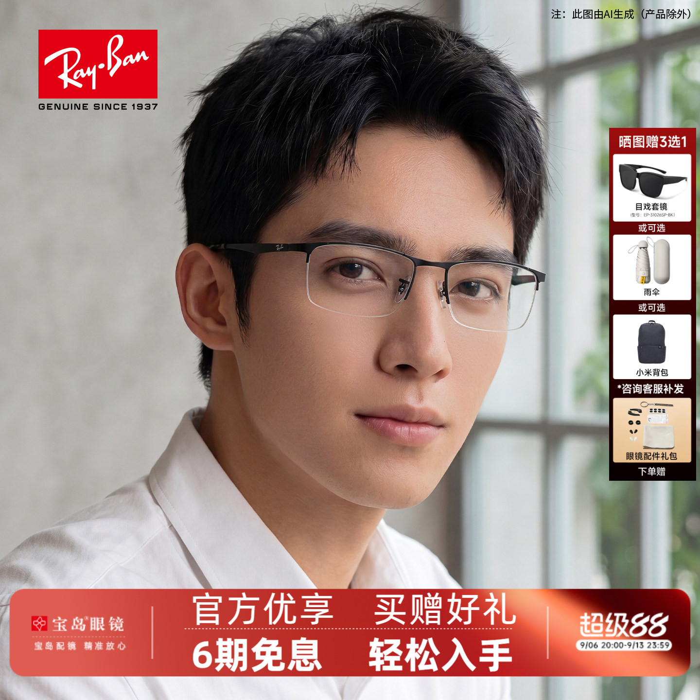 雷朋眼镜框半框男款镜架可配蔡司镜片潮流眉框近视眼镜女款RX6281