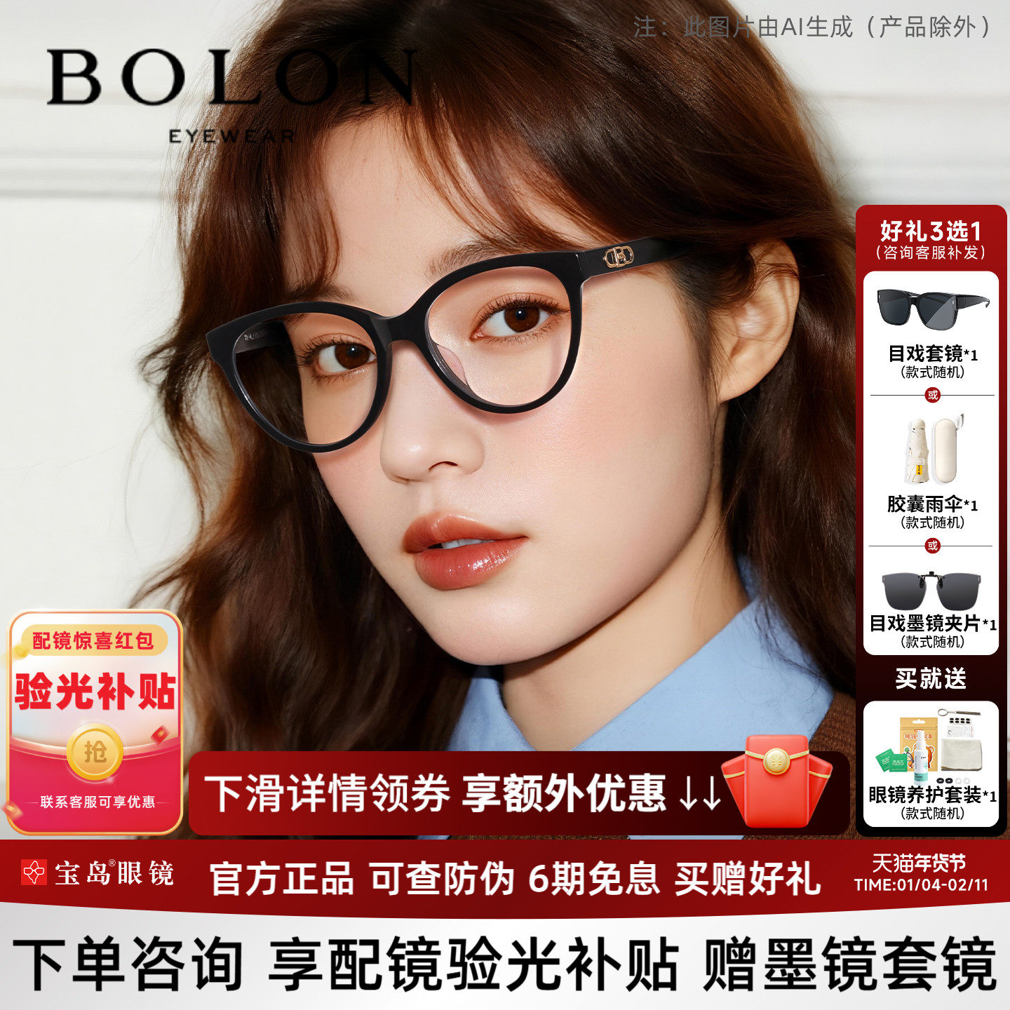 暴龙黑框近视眼镜女款复古猫眼板材素颜镜架可配镜片BJ3162