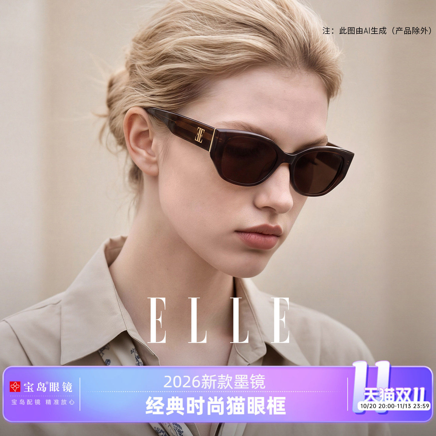 ELLE墨镜女款2026新款猫眼墨镜适合方圆脸高级感黑色大牌墨镜3007