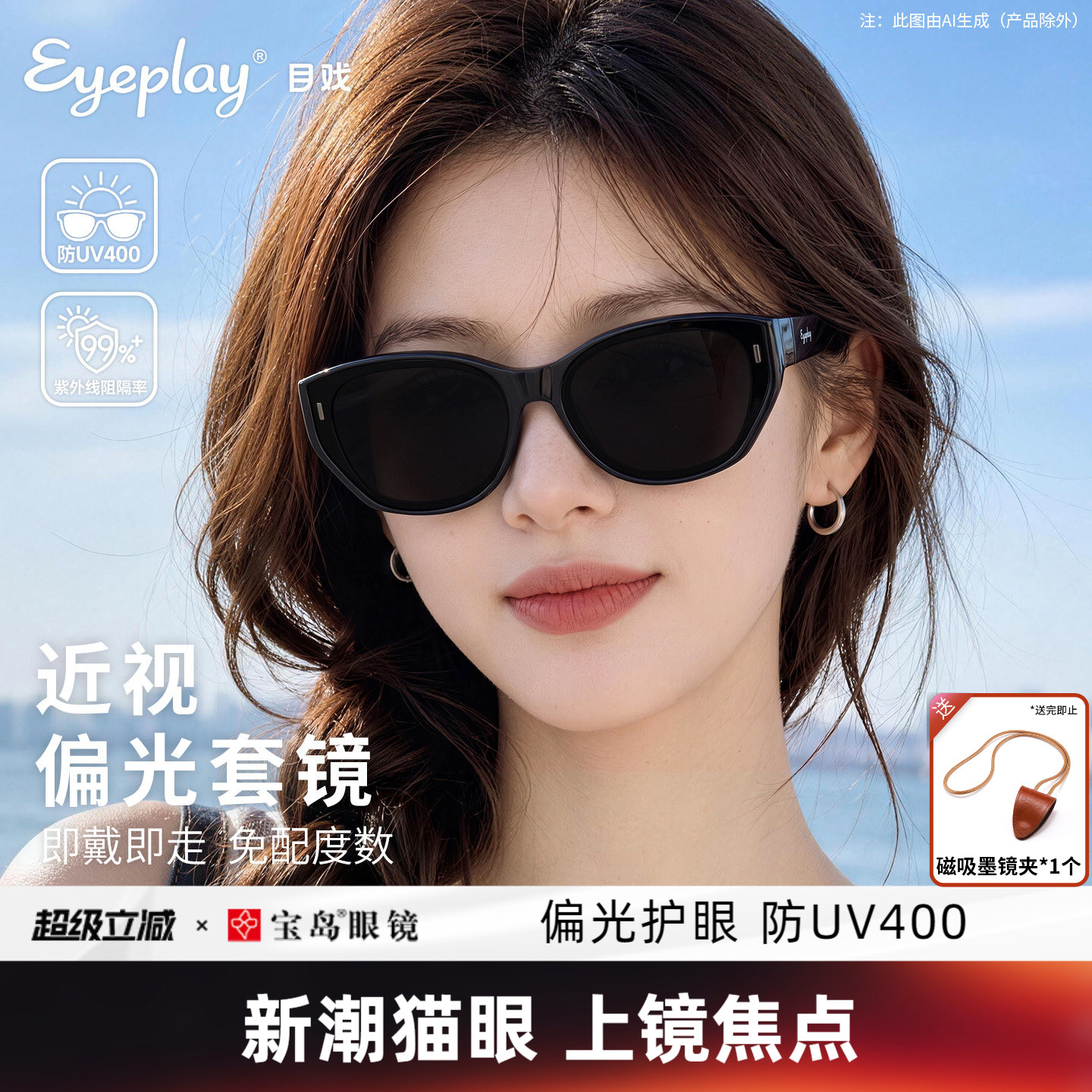 目戏2026新款近视太阳镜套镜女款可套近视镜防紫外线猫眼墨镜套镜