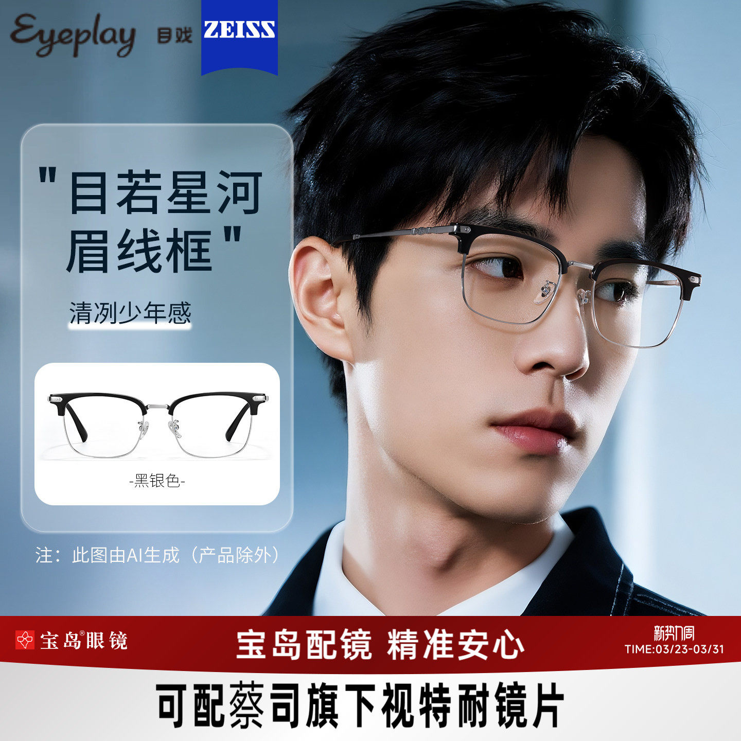 目戏近视眼镜可配蔡司度数可选防蓝光半框配眼镜框镜架男71009