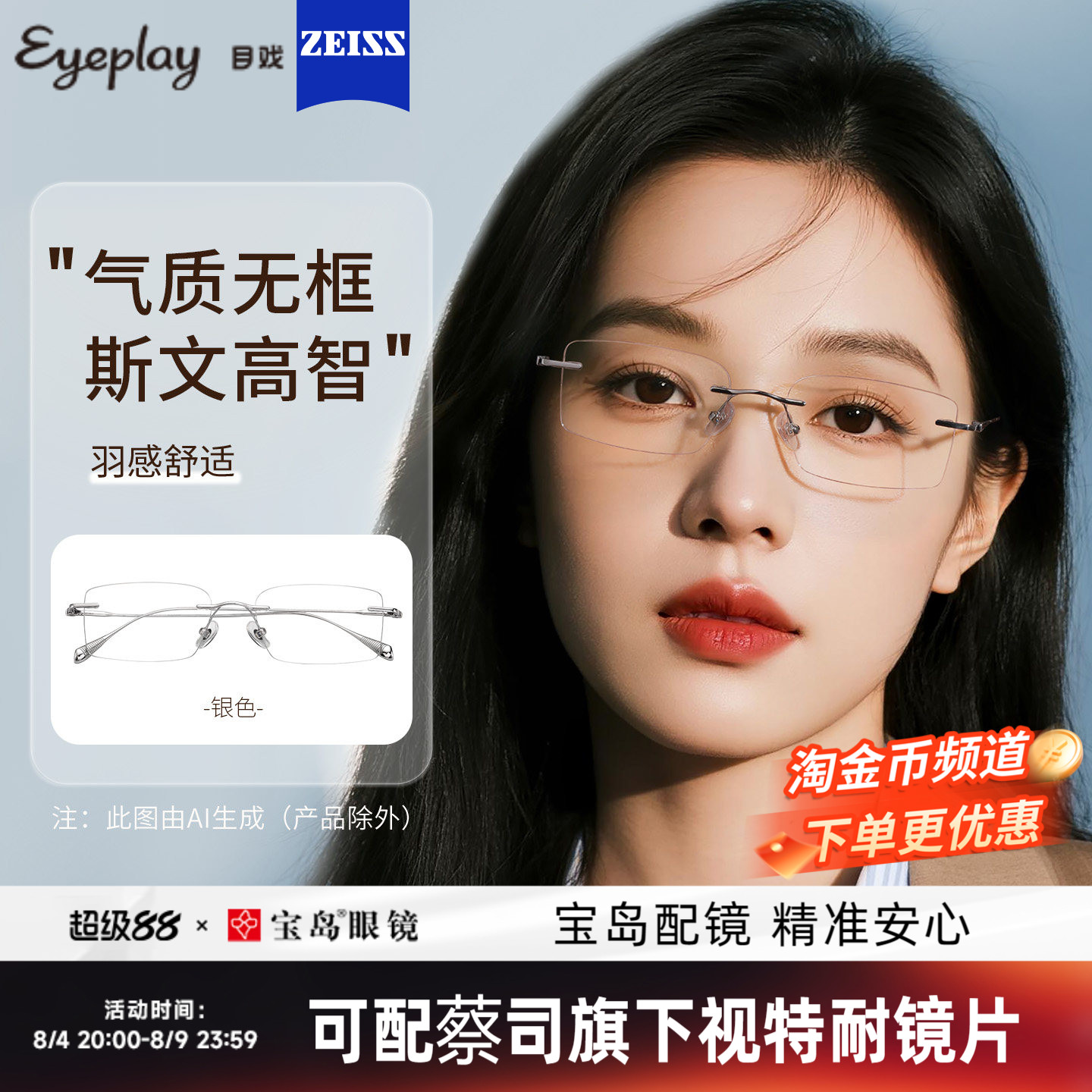 目戏超轻无框近视眼镜女可配度数