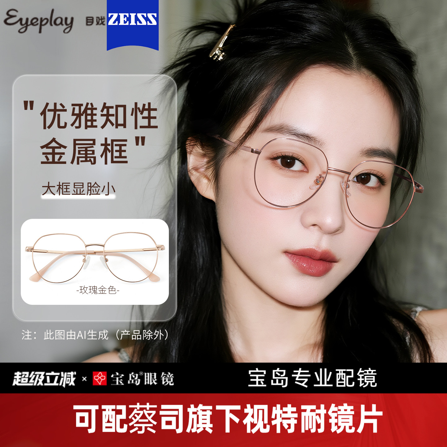 目戏大框眼镜女显脸小可配度数