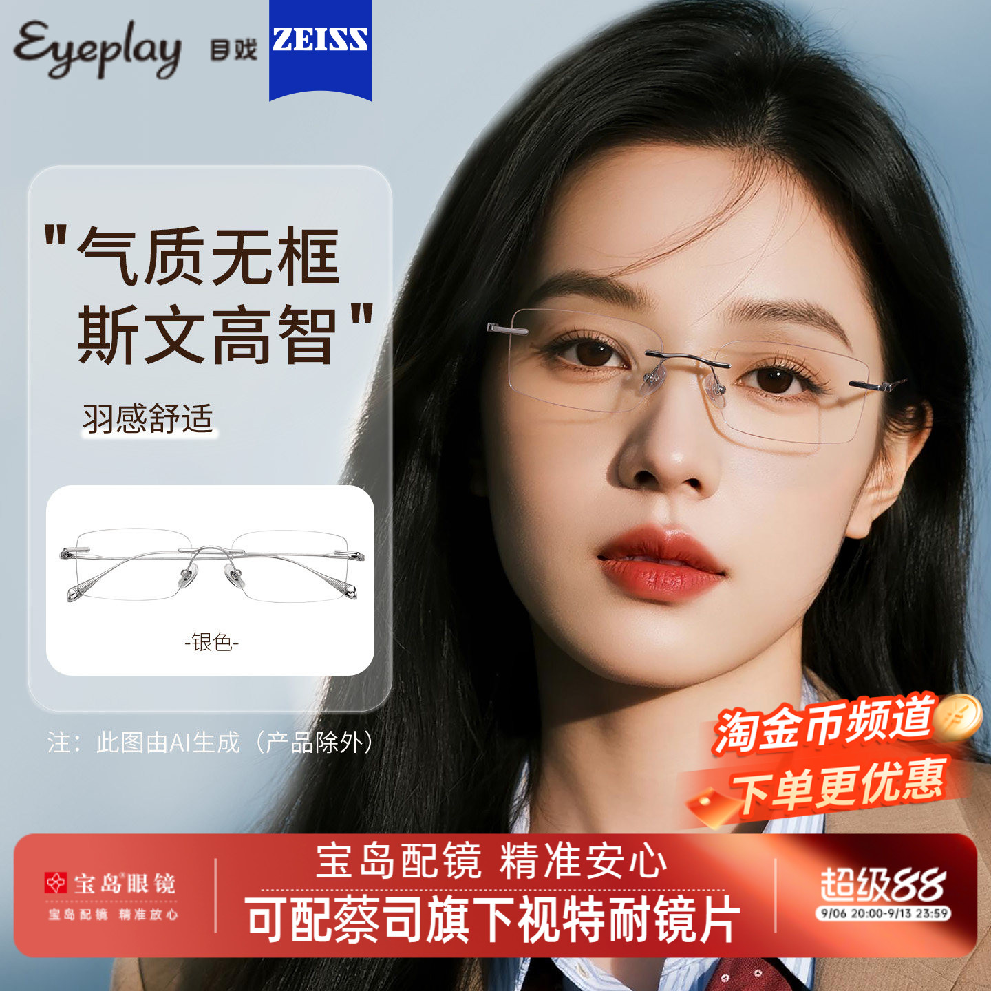 目戏超轻无框近视眼镜女可配度数