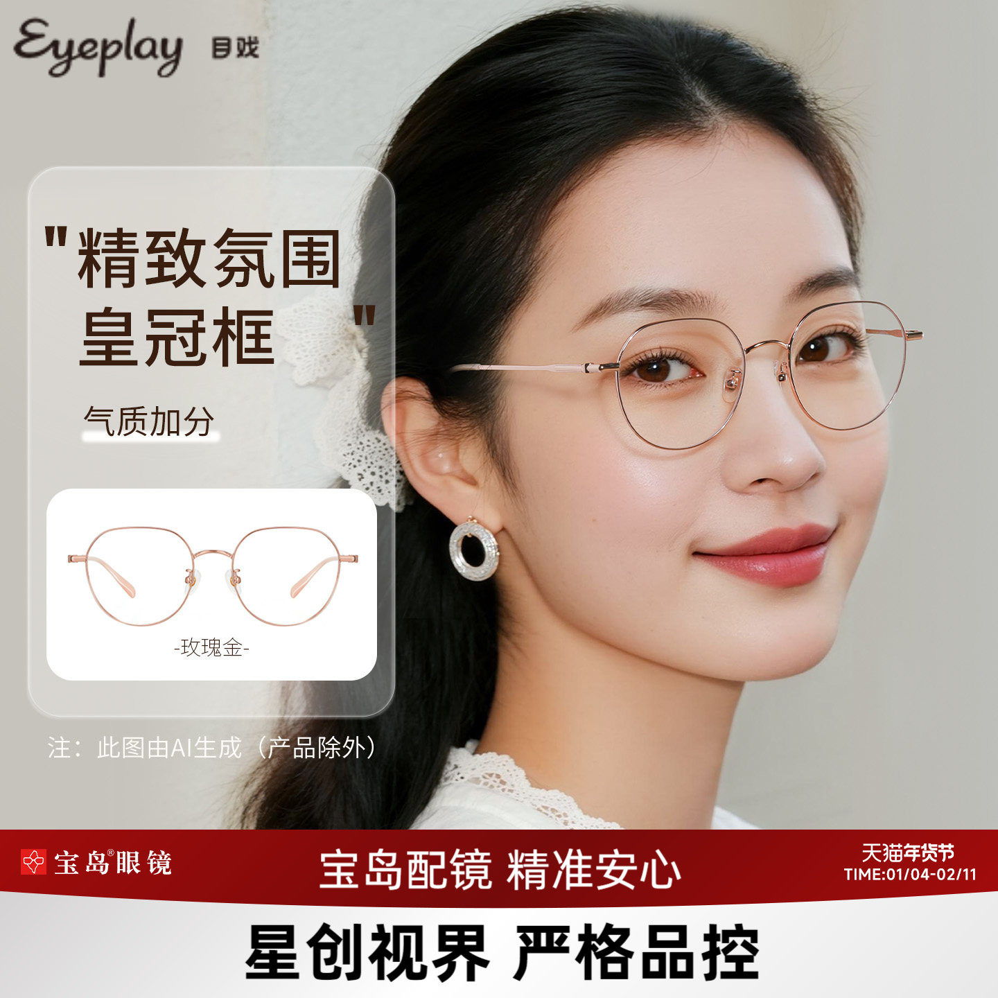 目戏近视眼镜女圆框方圆脸金属眼镜框镜架轻小框可配度数男11001G