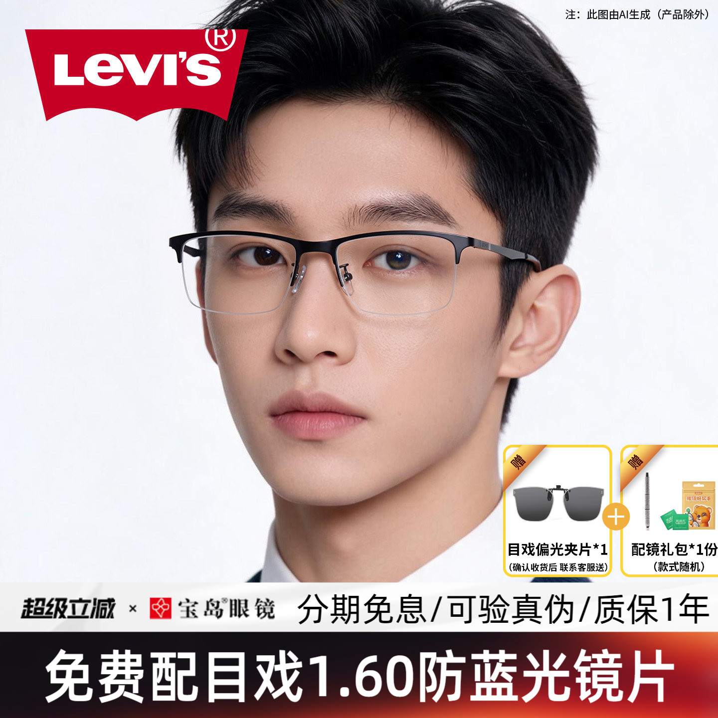 levis李维斯眼镜架男士半框商务黑框眼镜可配度数近视镜宝岛5252