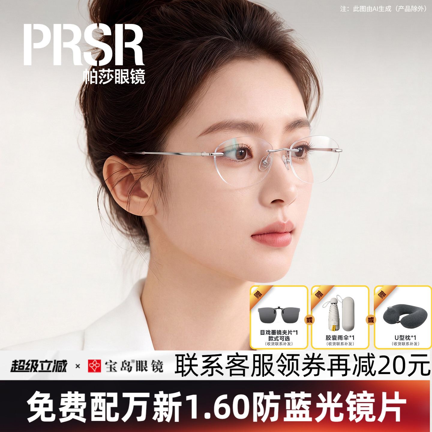 帕莎眼镜框女士优雅轻盈无框眼镜架可配近视镜片宝岛PJ79020