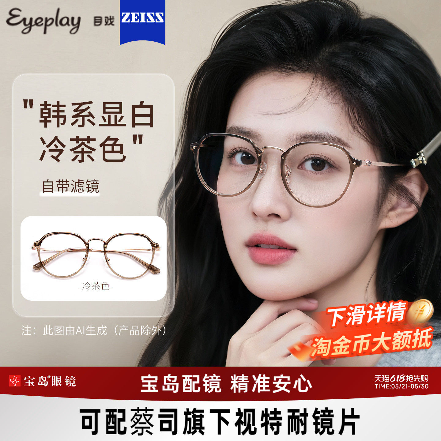 目戏冷茶色眼镜近视女可选变色防蓝光度数可配蔡司眼镜框镜架5018