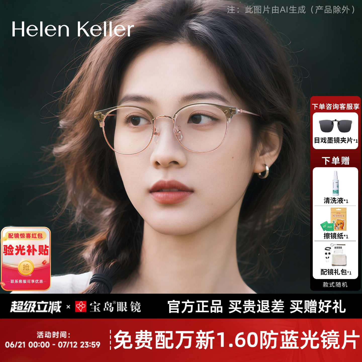 海伦凯勒冷茶色近视眼镜框女