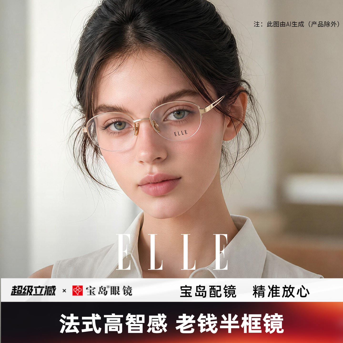 ELLE老钱风高智金属半框眼镜女可配防蓝光度数近视眼镜框架女7021