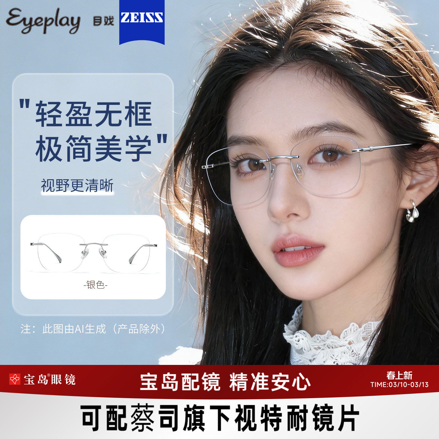 目戏无框眼镜女近视可配度数可选蔡司镜片无边框眼镜框镜架23006