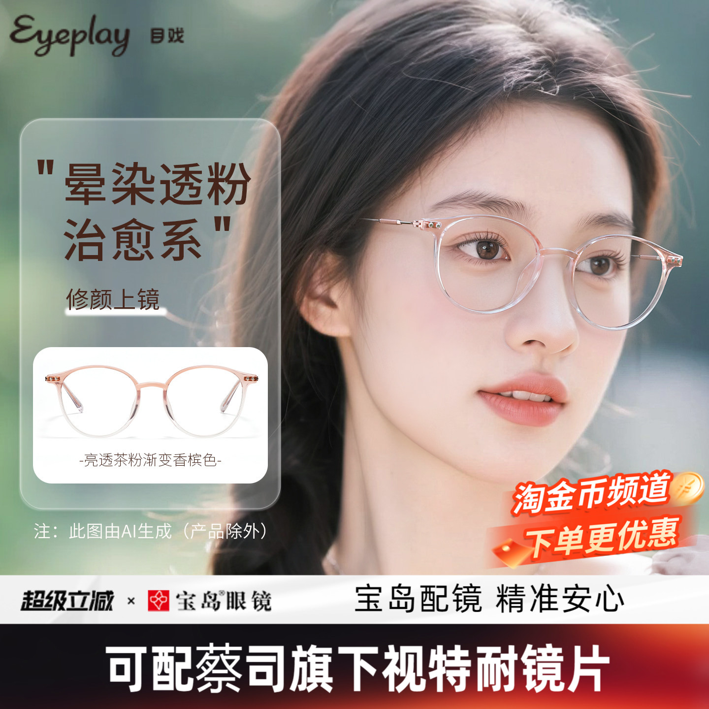 目戏少女粉时尚近视眼镜可配度数