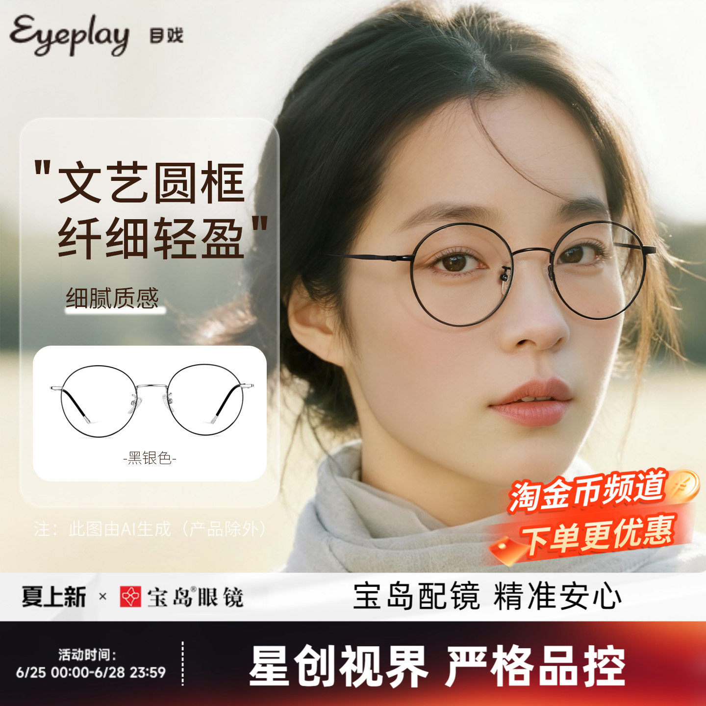 目戏防蓝光辐射眼镜护眼无度数平光镜文艺圆框近视可配度数1025