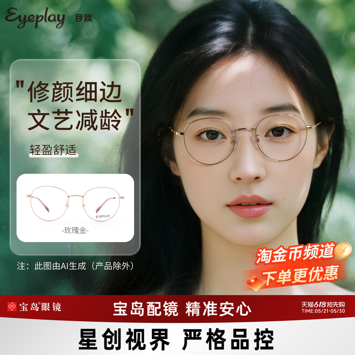目戏轻盈钛合金镜腿近视眼镜女小框文艺圆框可配1.67轻薄镜片10
