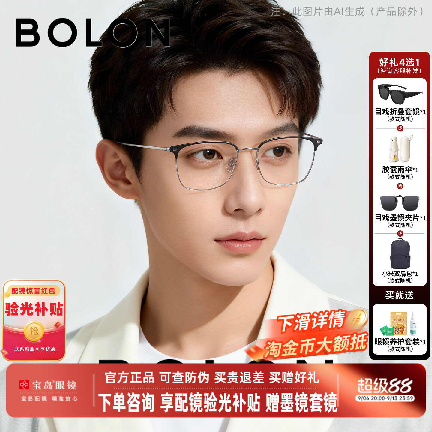 暴龙钛合金近视眼镜框休闲眉框男士可选蔡司镜片光学镜架女BA7009