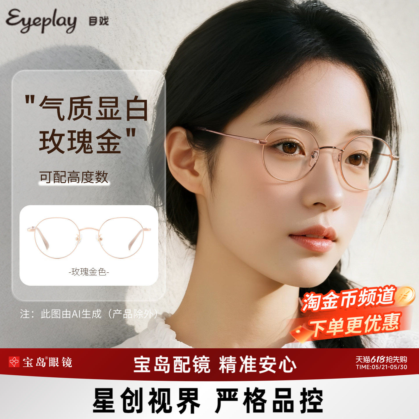 目戏近视眼镜小框圆框可配度数可选防蓝光镜片眼镜框镜架女1045