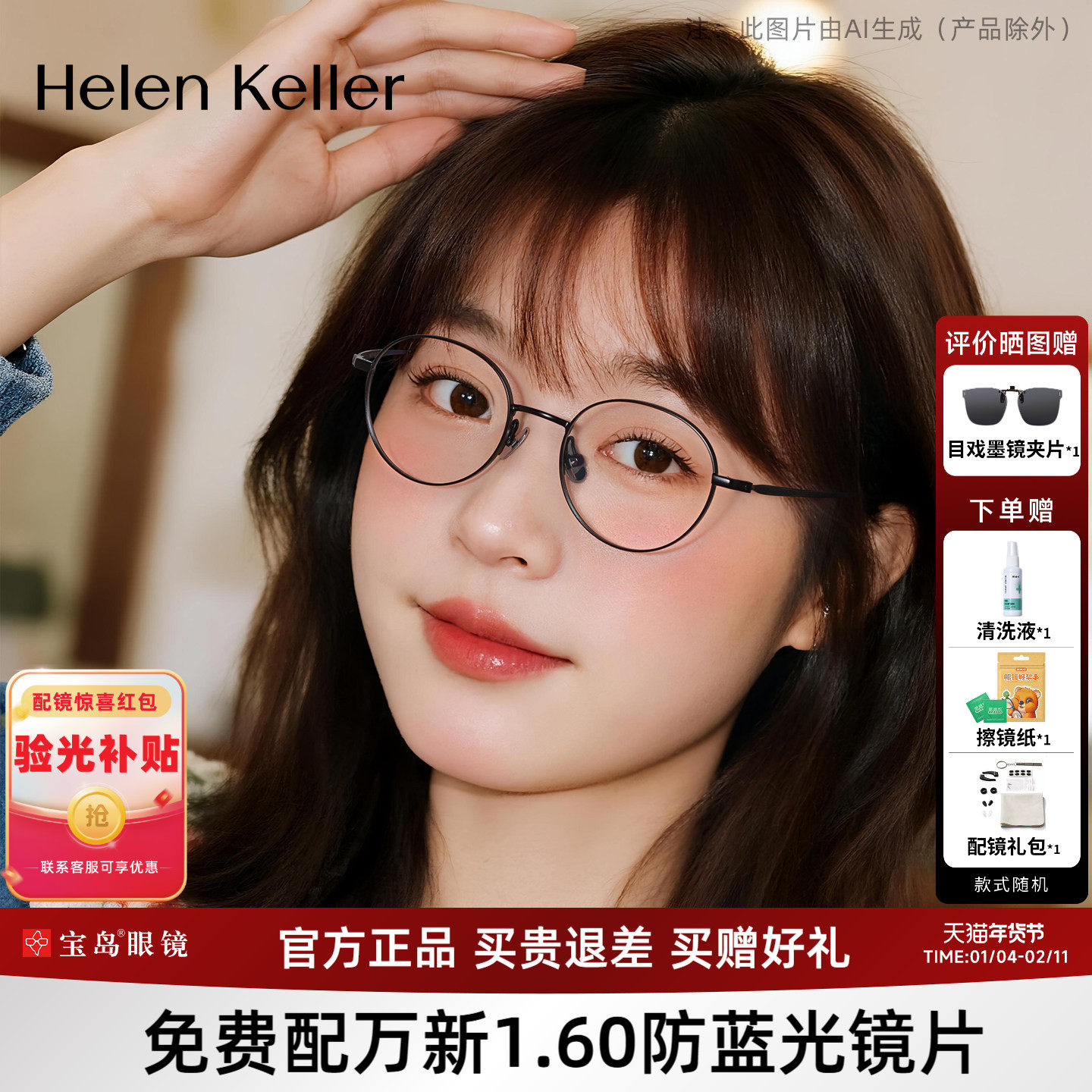 海伦凯勒近视眼镜框女轻盈小圆框眼镜可选防蓝光高度数镜片男9344