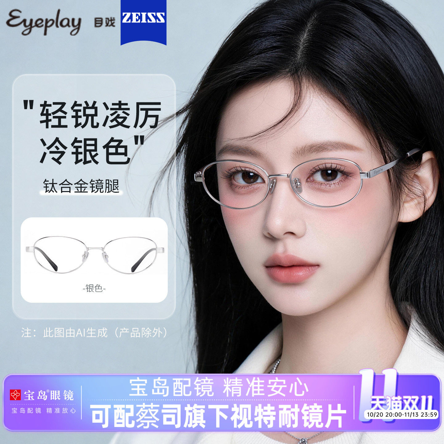 目戏椭圆小框书呆子眼镜女近视度数可配蔡司镜片眼镜框镜架19008