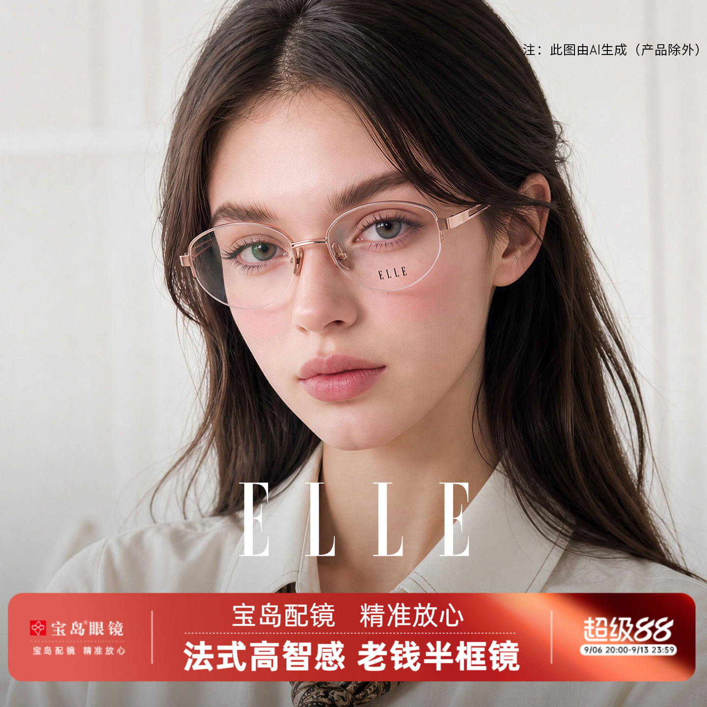 ELLE老钱风高智感玫瑰金金属半框眼镜女可配度数近视眼镜框女7021