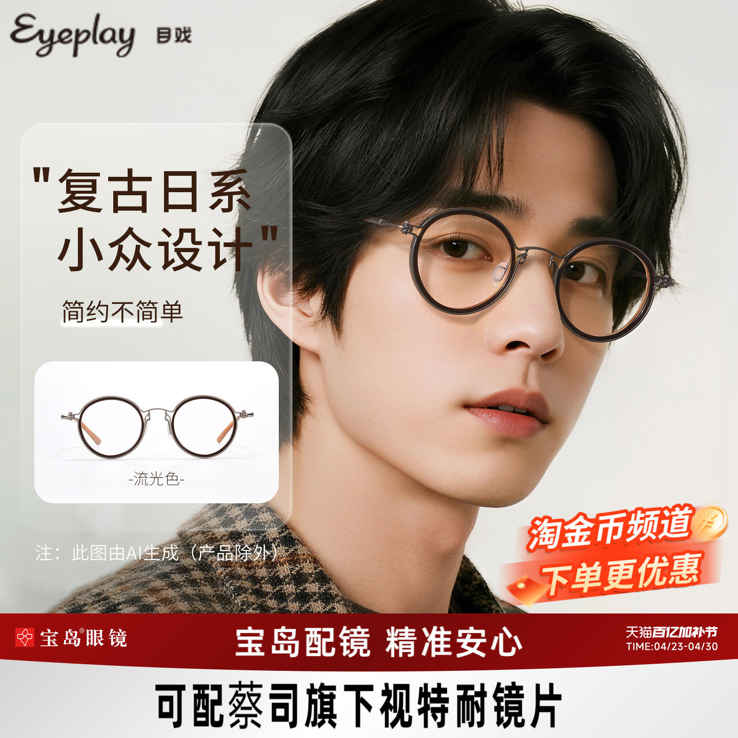 流光系列  复古圆框钛合金材质眼镜架男士设计师小众可配度数8006