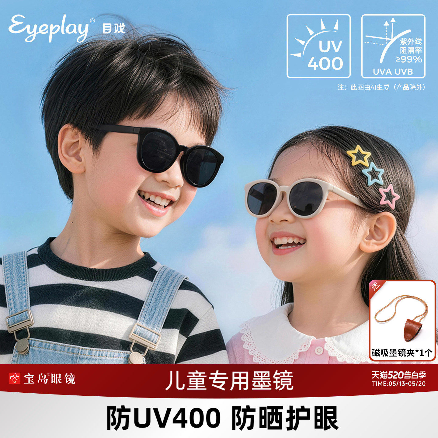 目戏儿童墨镜女童不伤眼小孩专用防晒太阳眼镜男童防紫外线UV400