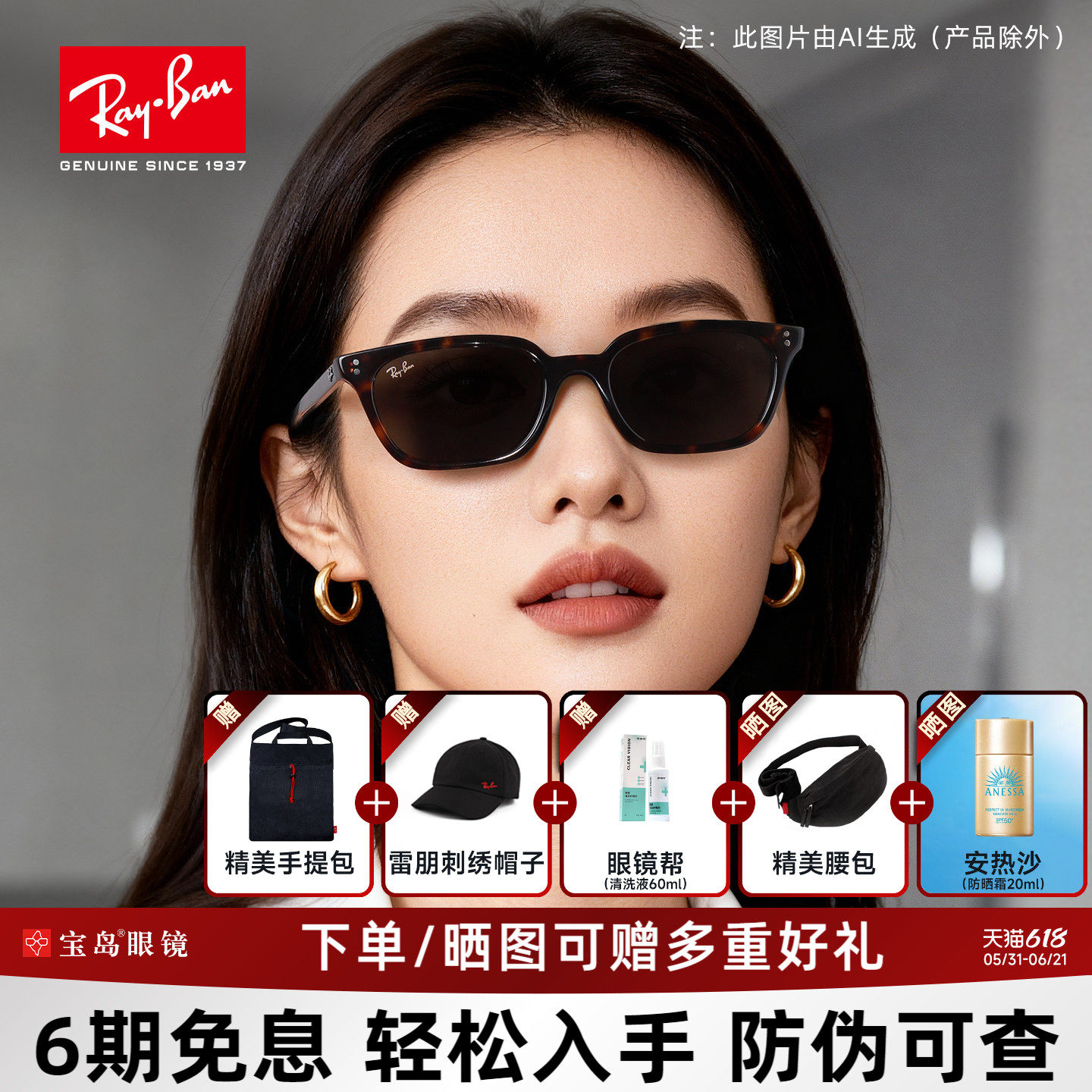 RayBan雷朋新款时尚枕形潮流防晒墨镜男女同款窄框太阳镜0RB4456F