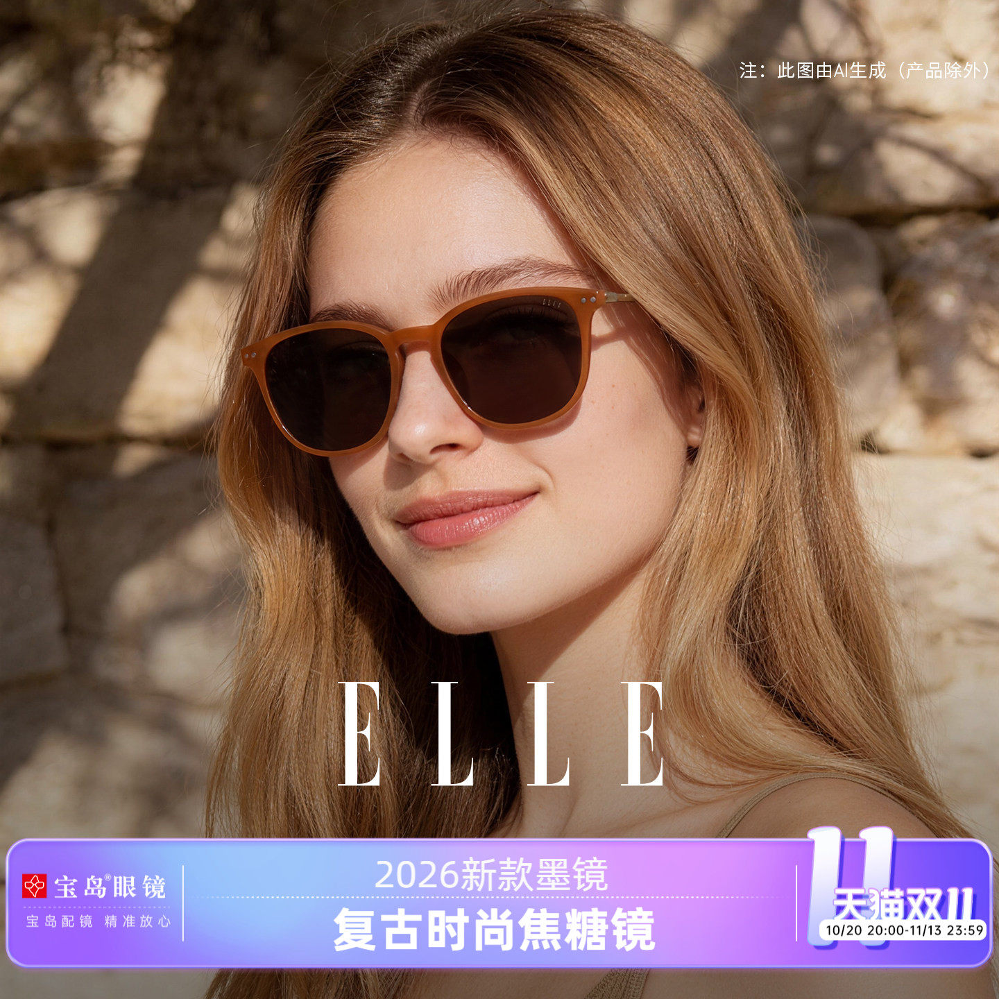 ELLE超轻舒适复古焦糖镜墨镜女士2026新款高级感开车防紫外线6019