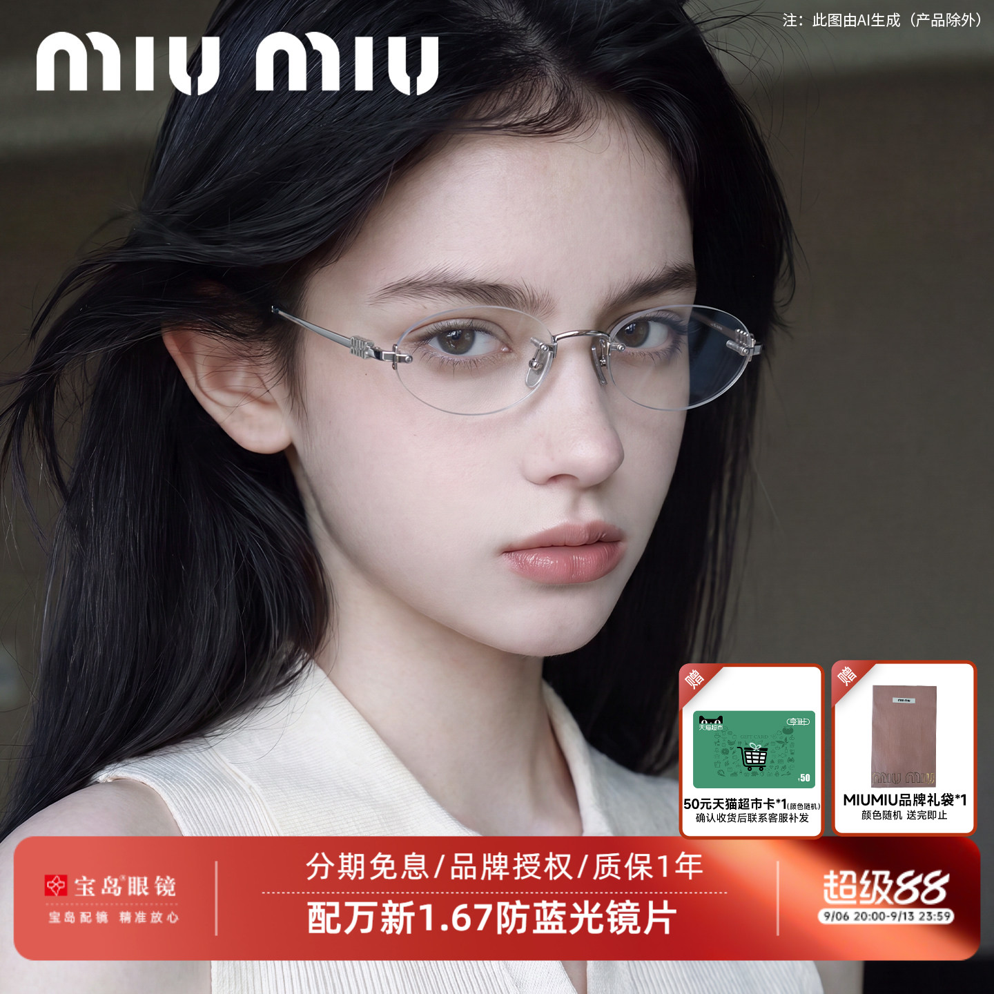 缪缪时尚女士无框眼镜架图片