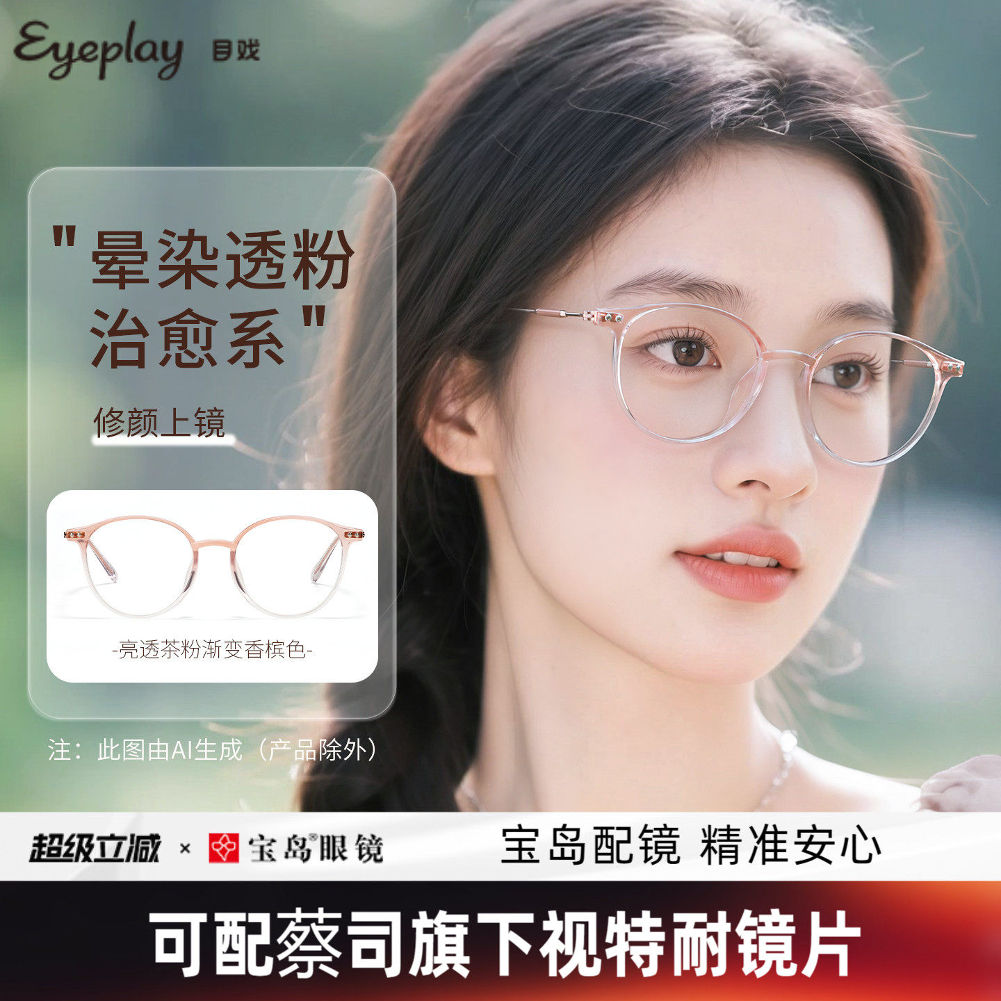 目戏少女粉时尚近视眼镜可配度数