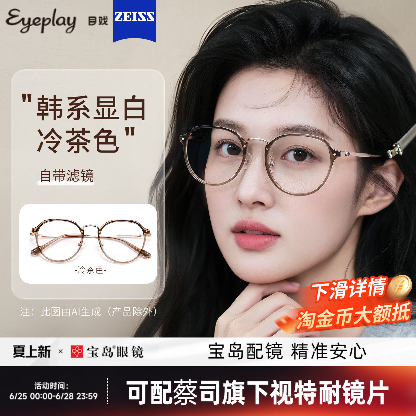 目戏冷茶色眼镜近视女可选变色防蓝光度数可配蔡司眼镜框镜架5018