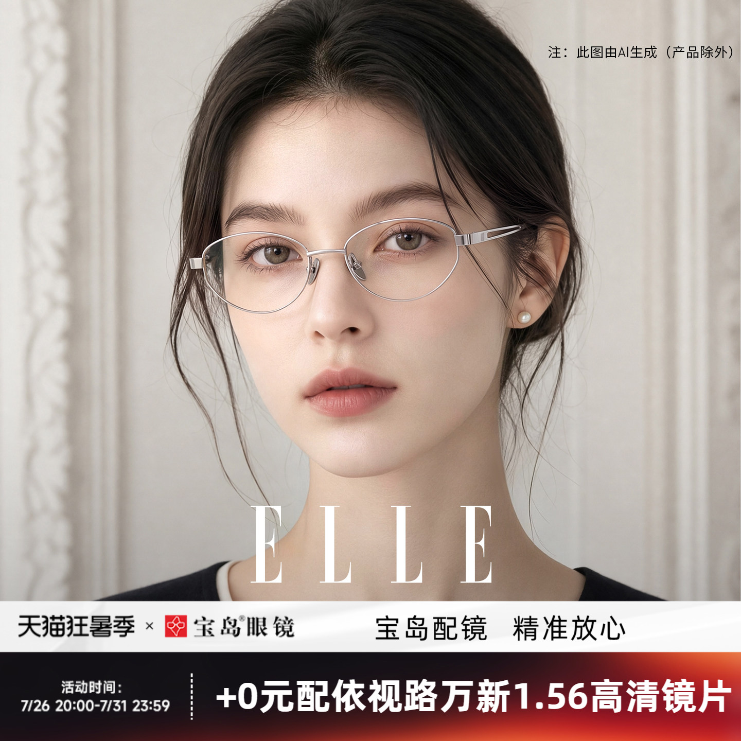 ELLE高智感老钱风金属窄框近视眼镜女可配高度数超轻小框眼镜7022