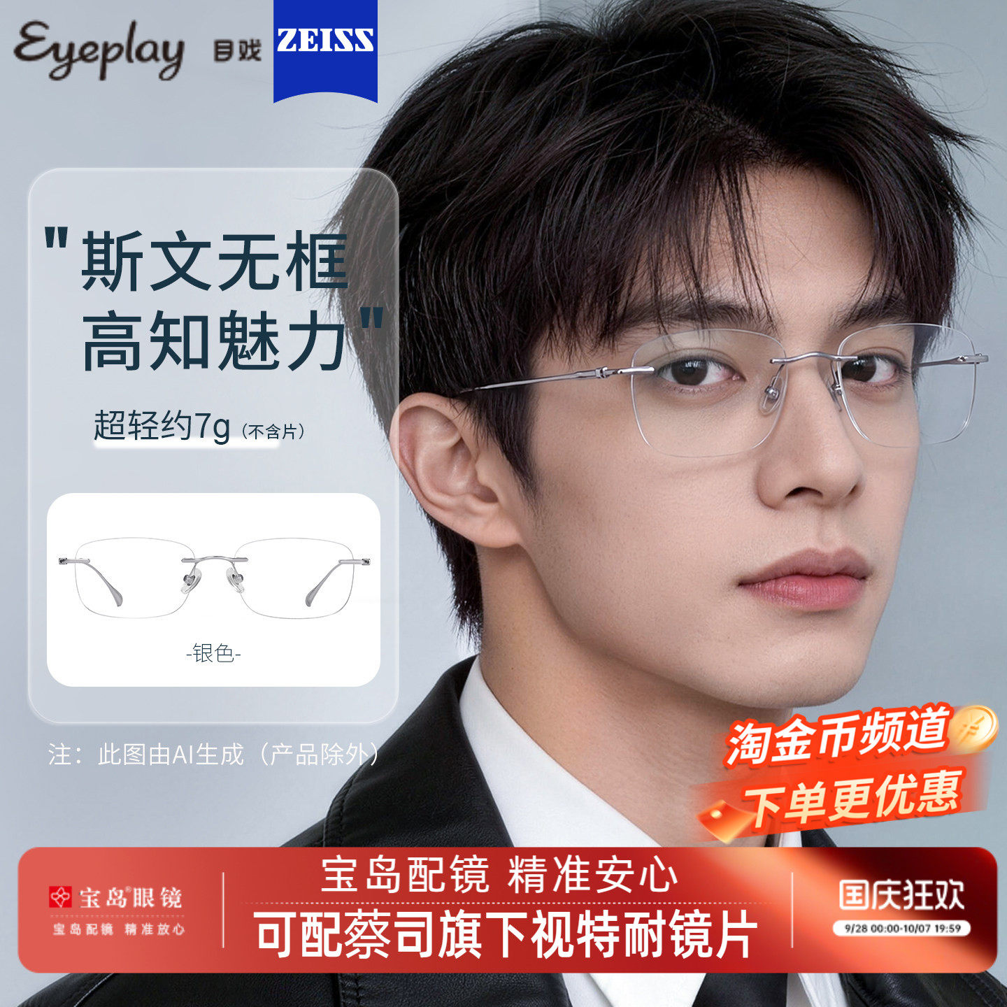 目戏气质商务无框眼镜男可配度数
