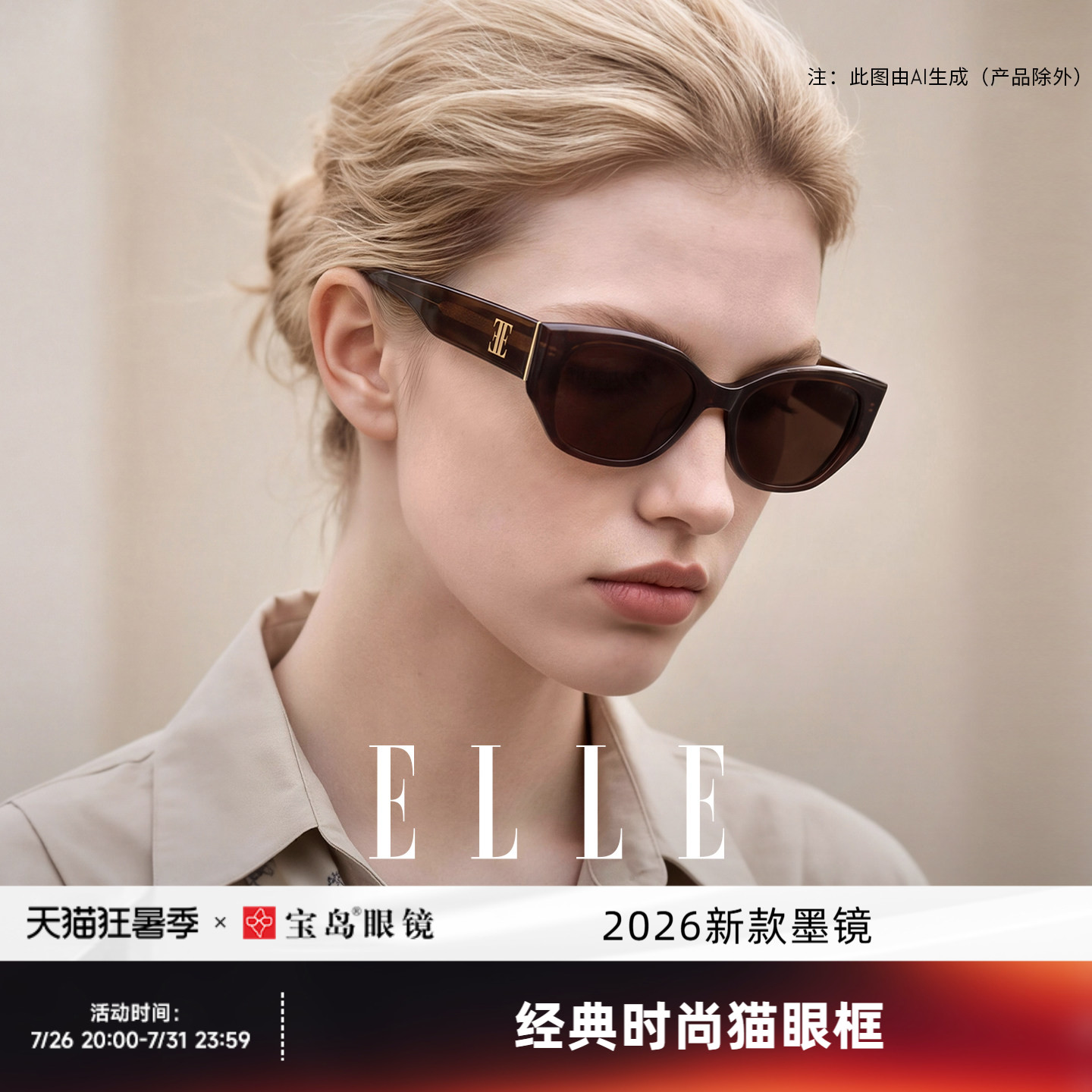 ELLE墨镜女款2026新款猫眼墨镜适合方圆脸高级感黑色大牌墨镜3007