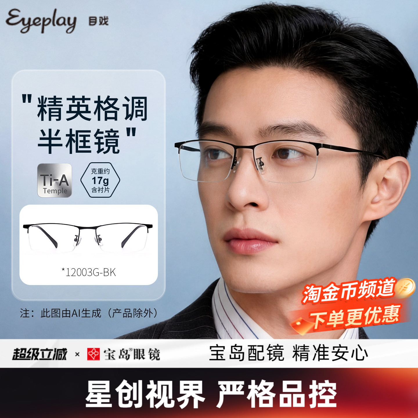 目戏半框近视眼镜男款可配度数光学眼镜框专业网上配眼镜12003
