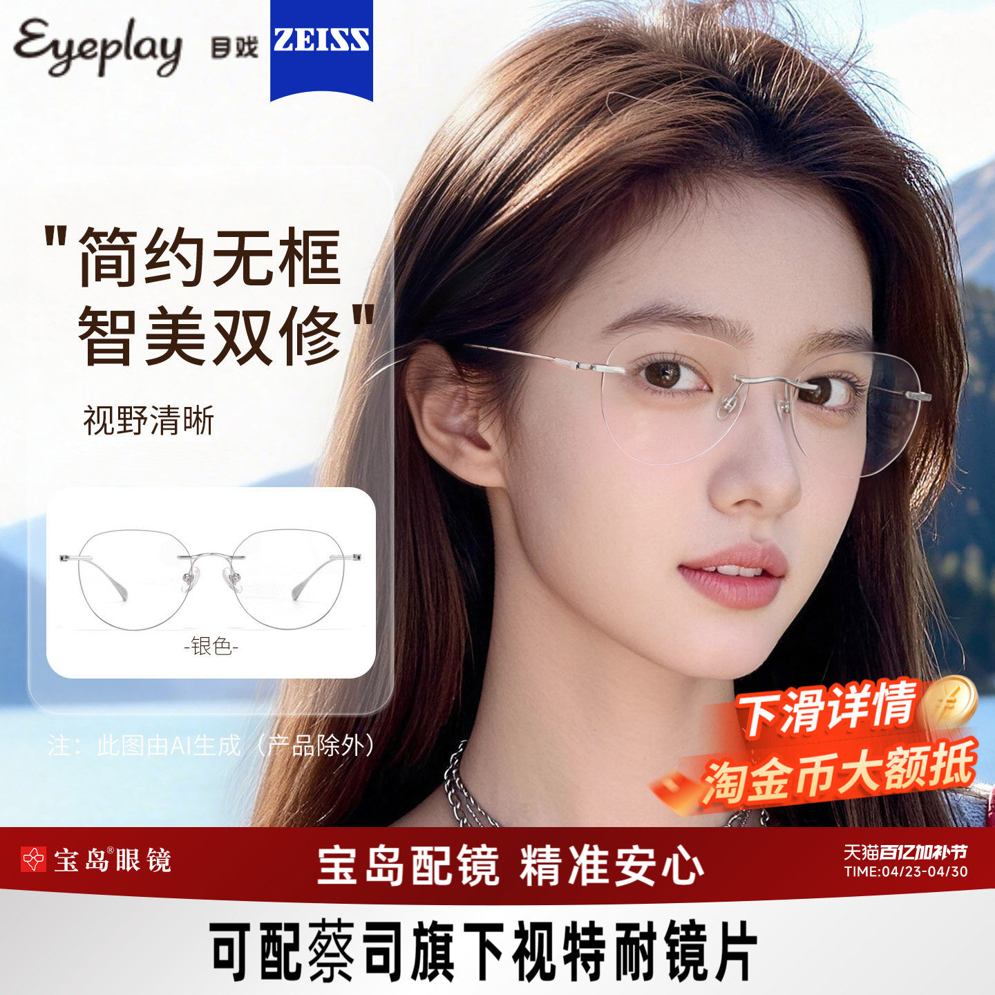 目戏高智感无框近视眼镜女可配度数可选防蓝光眼镜框镜架男23007