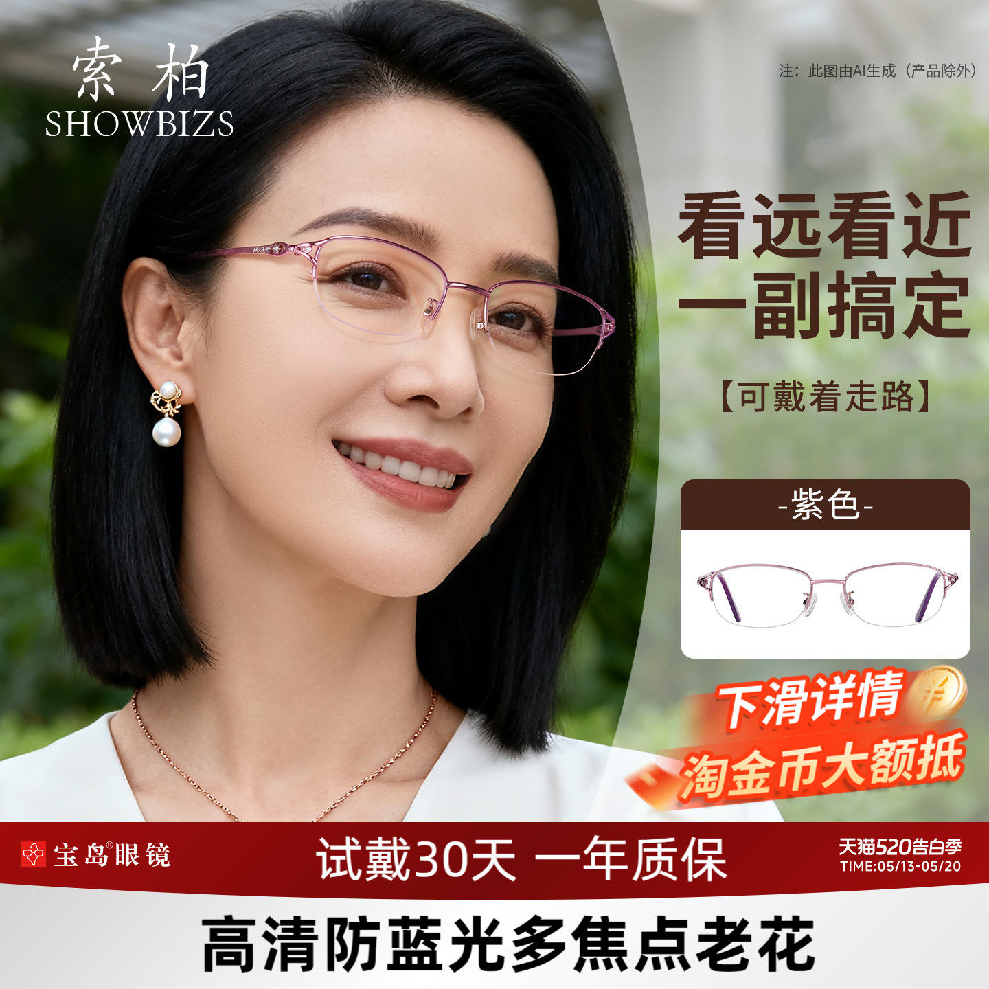 索柏女士老花镜远中近三用高清多焦点分区调节度数防蓝光官方正品