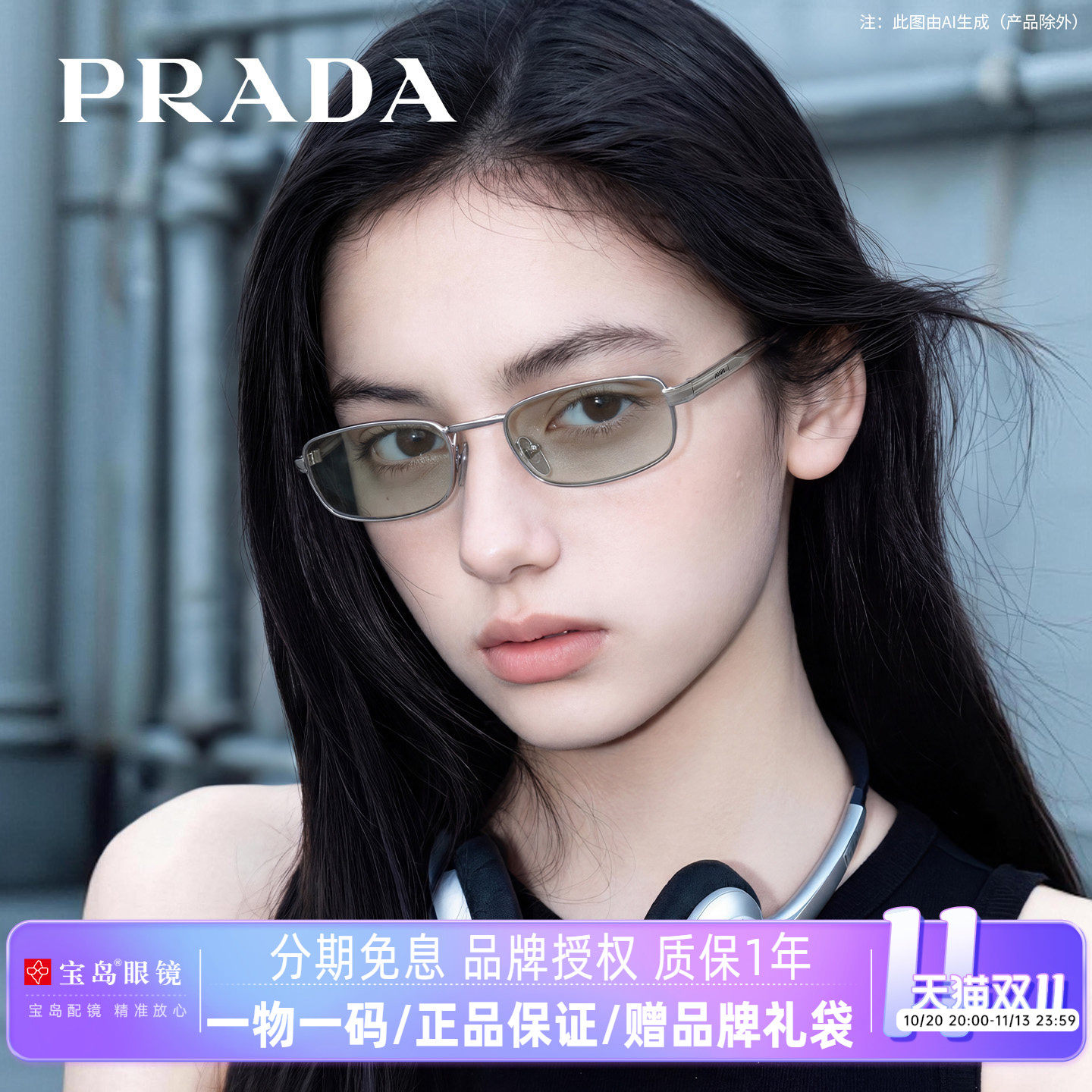 PRADA普拉达墨镜男女时尚复古小框太阳镜潮流方框太阳眼镜B54S