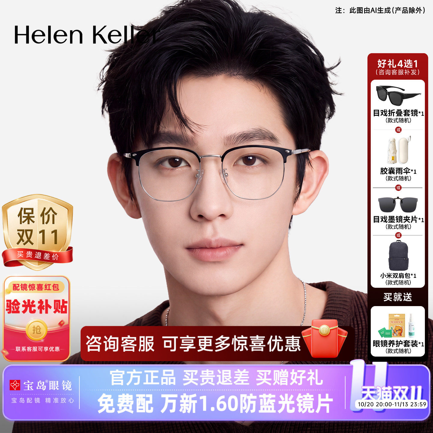 海伦凯勒近视眼镜休闲商务眉框男可选防蓝光镜片光学镜架H9212