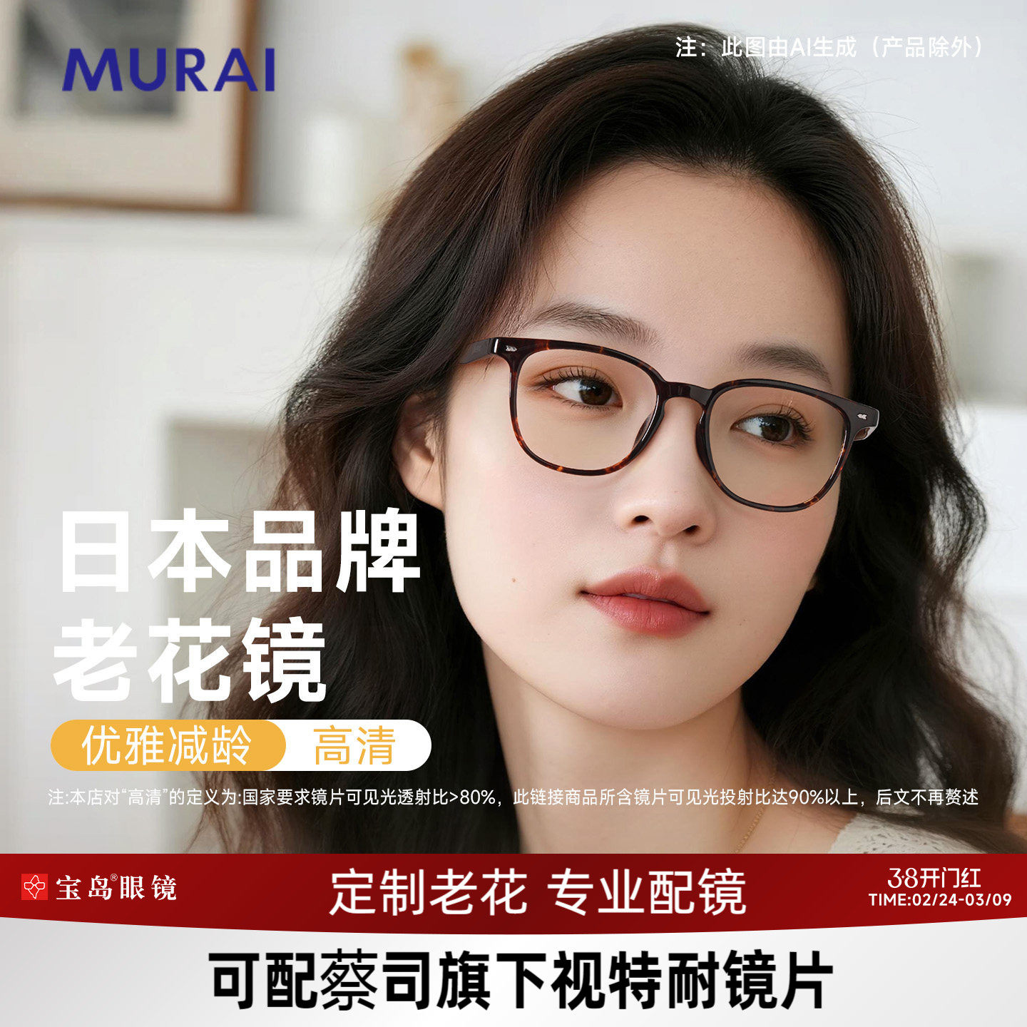 MURAI老花镜女定制蔡司老花眼镜女款可选高清防蓝光花镜高档品牌